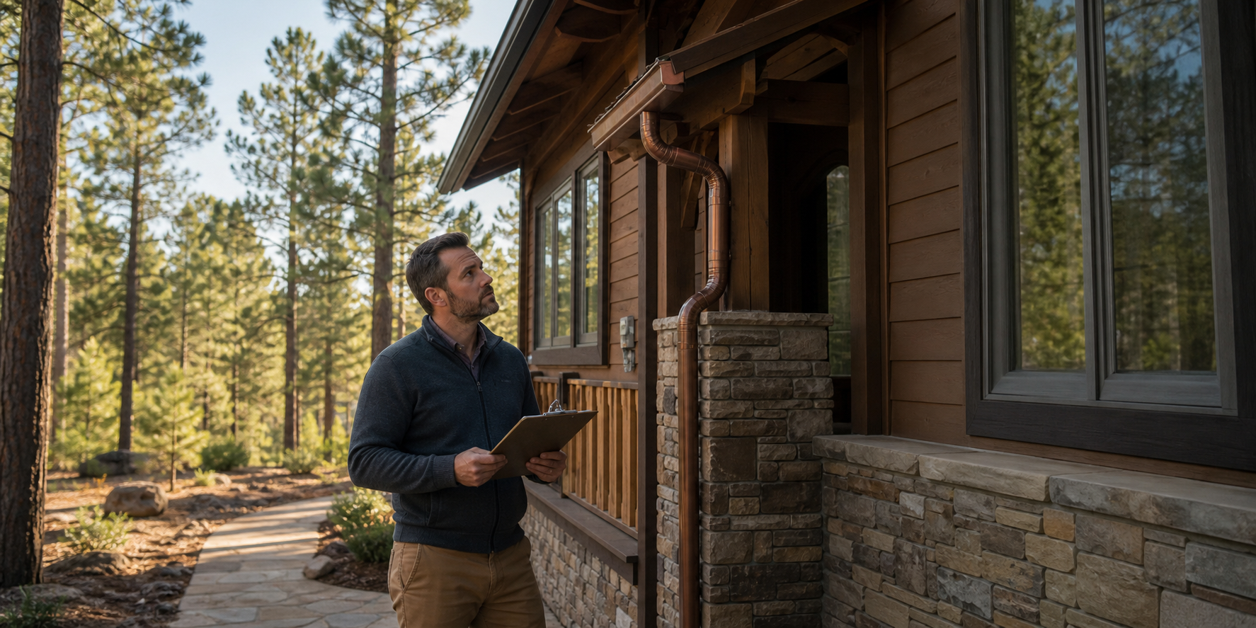 A local property-support professional with a clipboard checking the exterior of a mountain home