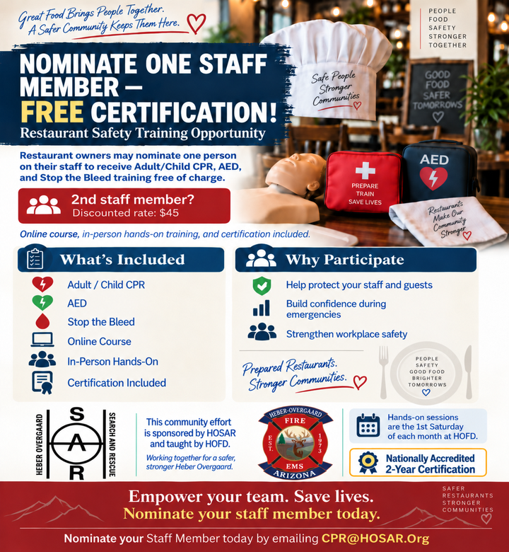 HOSAR restaurant safety training flyer: nominate one staff member for free CPR, AED and Stop the Bleed training; contact CPR@hosar.org for details.